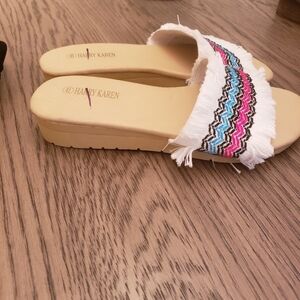 NEW! IMPORTED OPEN TOE FRINGE SLIP ON SLIDES SANDALS SIZE 11 AZTEC LOUNGE